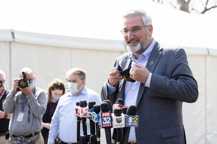 Inidana Gov. Eric Holcomb speaks at a press conference on April 6, 2021.
