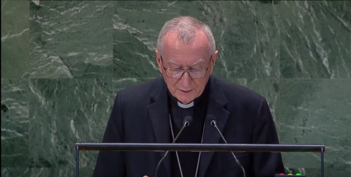 Cardinal Pietro Parolin, the Vatican's secretary of state, delivers remarks at the United Nations Summit of the Future at the U.N. Headquarters in New York City, Sept. 23, 2024.