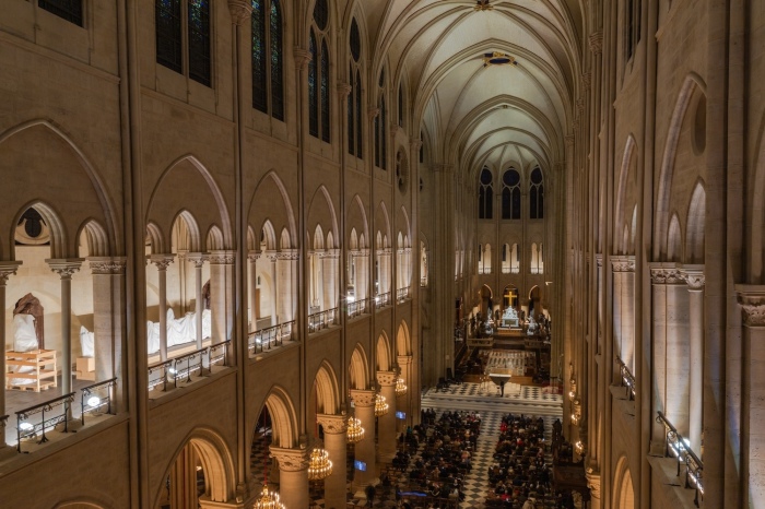 The interior of Notre Dame Cathedral before a Dec. 27, 2024, evening Mass.