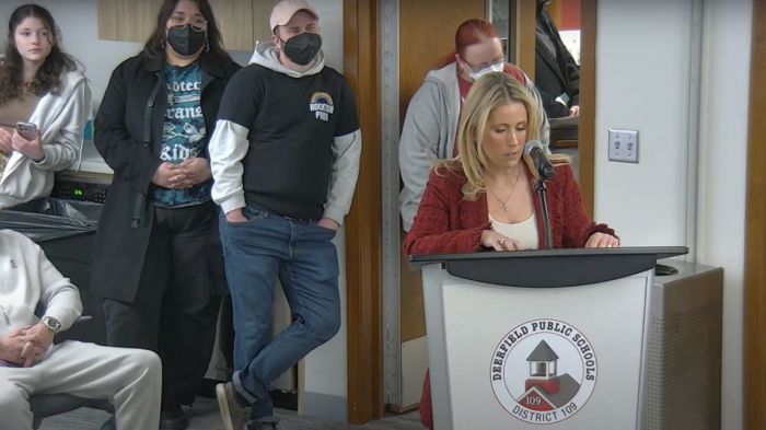 Nicole Georgas speaks during a Deerfield School District 109 School Board meeting in Illinois on March 13, 2025. The mother said that administrators at Shepard Middle School tried to force her daughter and other girls to change in front of a boy who identified as female. 